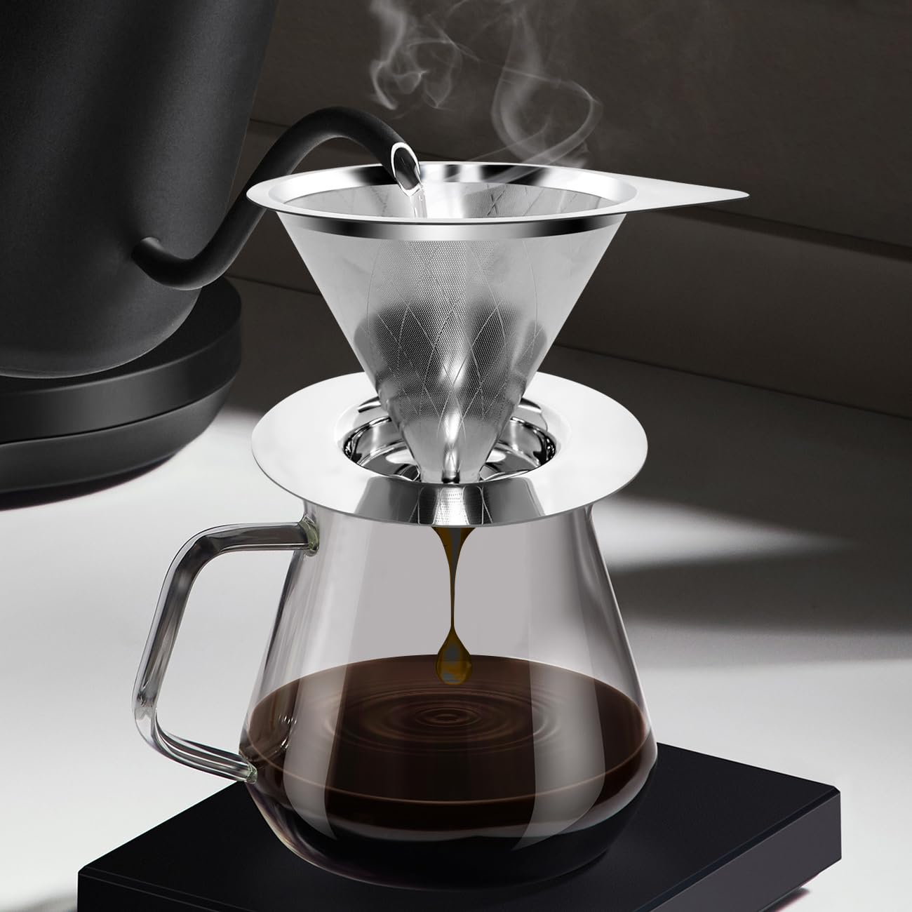 LHS Pour Over Coffee Dripper Reusable Coffee Filter Paperless Coffee Filter Stainless Steel Pour Over Coffee Maker Cone Coffee Dripper for 1-2 Cup,Argyle Pattern