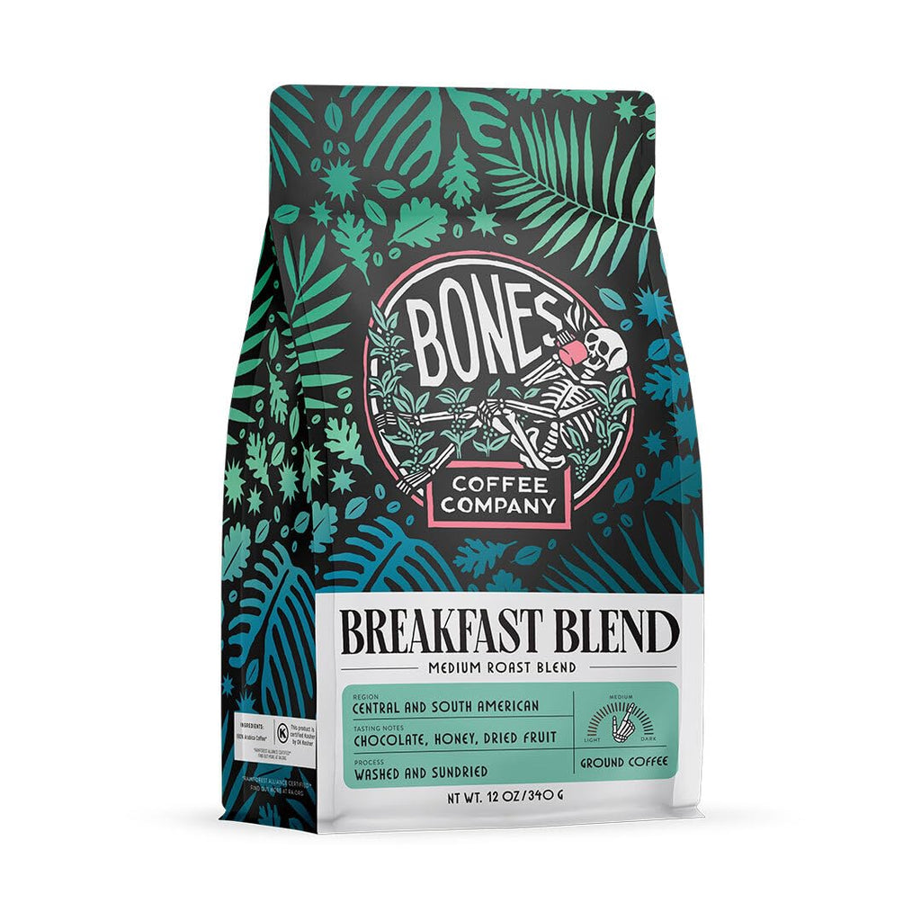 Bones Coffee Company High Voltage, Highly Caffeinated Unflavored Coffee, Medium Roast Low Acid Arabica Beans Compatible with Auto drip and French Press Coffee Maker, 12 Oz Whole Bean