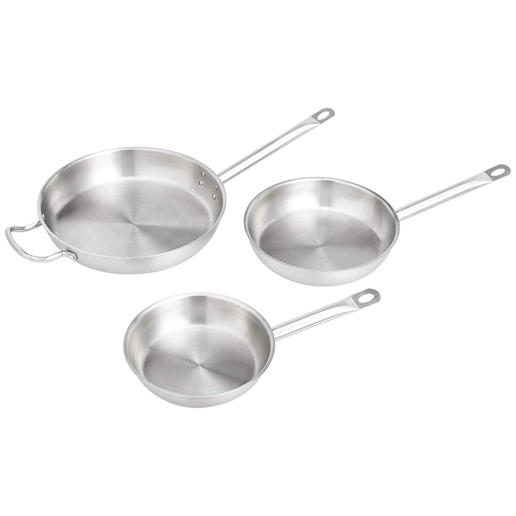 Amazon Basics 3-Piece Stainless Steel Aluminum-Clad Fry Pan Set, Dishwasher Safe, Induction Compatible, Oven Safe to 500°F, 8", 9 1/2", and 12"