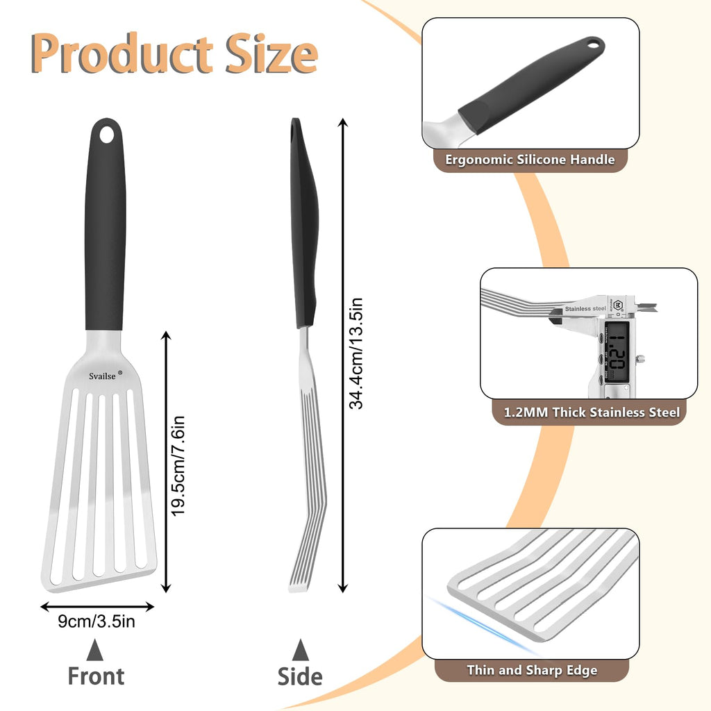 Svailse Fish Spatula Stainless Steel, Metal Spatula for Cast Iron Skillet, Slotted Turner with Silicone Handle for Cooking, Grilling, Flipping, Egg, Cookie, Pancake and Burger (Large, 13.5 Inch)