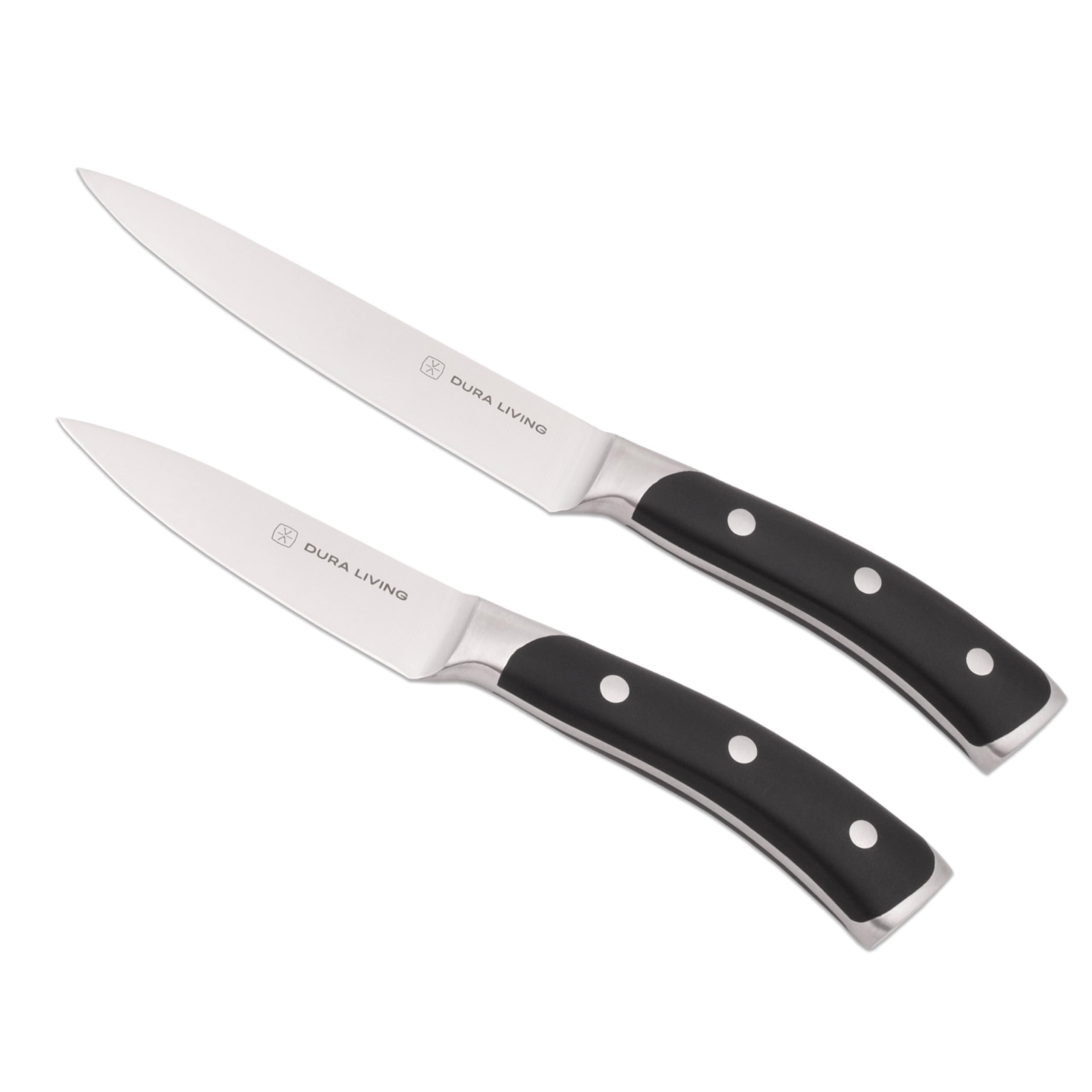 DURA LIVING 2-Piece Kitchen Knife Set – Ultra Sharp Precision German Stainless Steel Blades, 5” Utility & 3.5” Paring Knife with Ergonomic Handles, Multipurpose for Slicing & Peeling, Black Handle