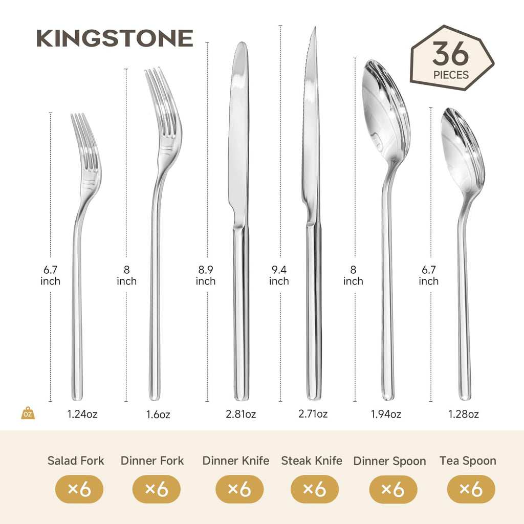 KINGSTONE 36-Piece Silverware Set with Steak Knives, Flatware Set for 6, 18/10 Stainless Steel Tableware Cutlery Set for Home Restaurant, Mirror Finish,Modern Design