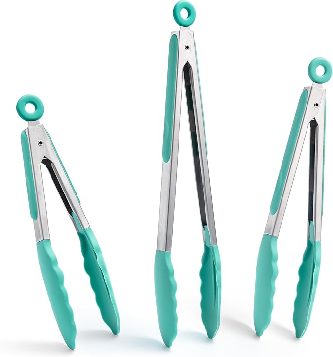 Doosu Kitchen Tongs for Cooking - 600°F Heat Resistant Food Tong Set with Non-Scratch Silicone Tips, Heavy Duty Stainless Steel Locking Tong for BBQ, Grilling Steak, Serving (7+9+12in, Aqua Sky)