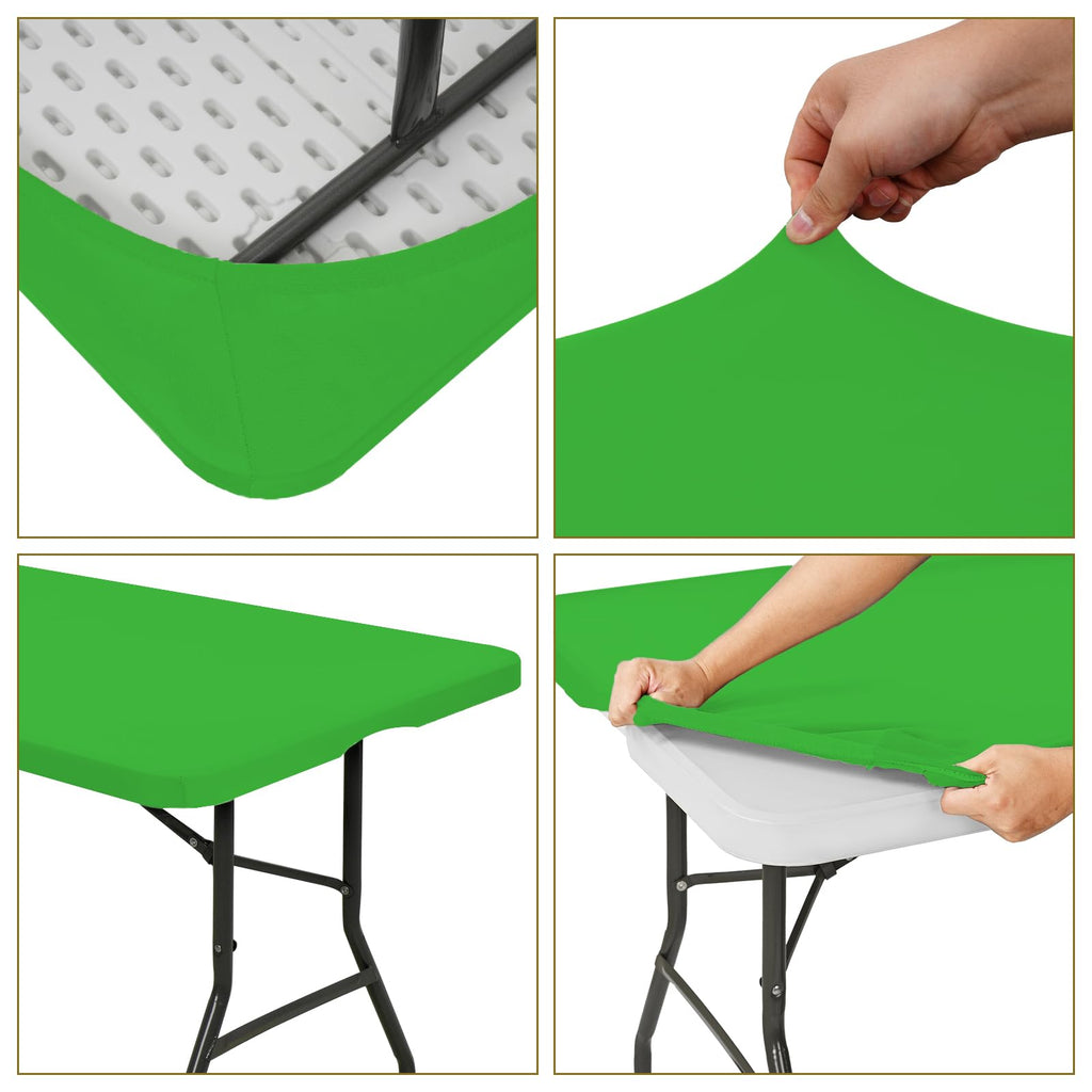 10 Pack Fitted Tablecloth for 8 Foot Rectangle Tables, Green Elastic Outdoor Picnic Table Cover, Washable Stretch Folding Table Cloths 8 ft for Camping Party Patio Kitchen Banquet, 30" W x 96" L