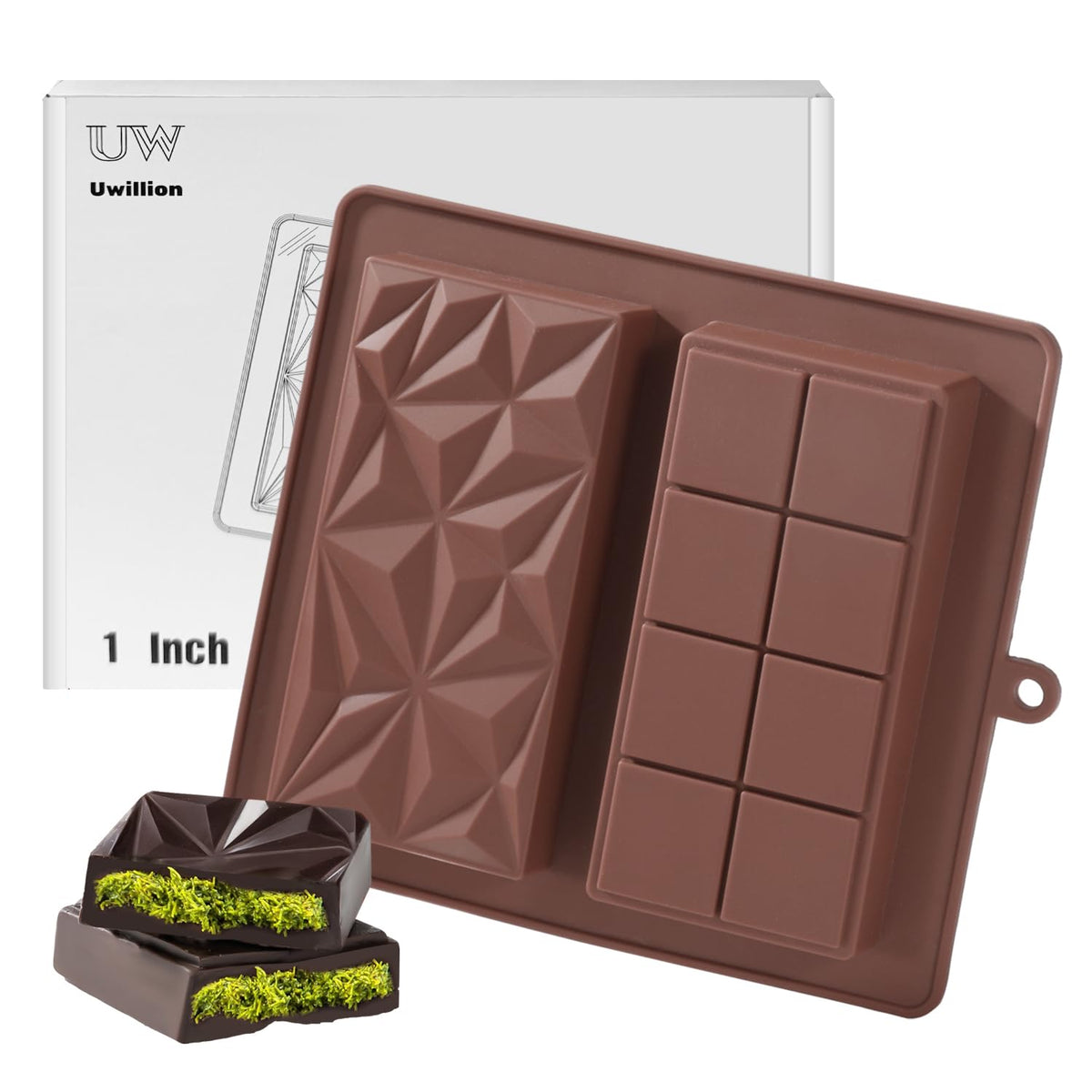 UWILLION Chocolate Bar Mold Deep Dubai 1 Inch Pistachio Chocolate Bar Silicone Thick Mold for Stuffed Bar, Large Candy Bar Mould for Filling