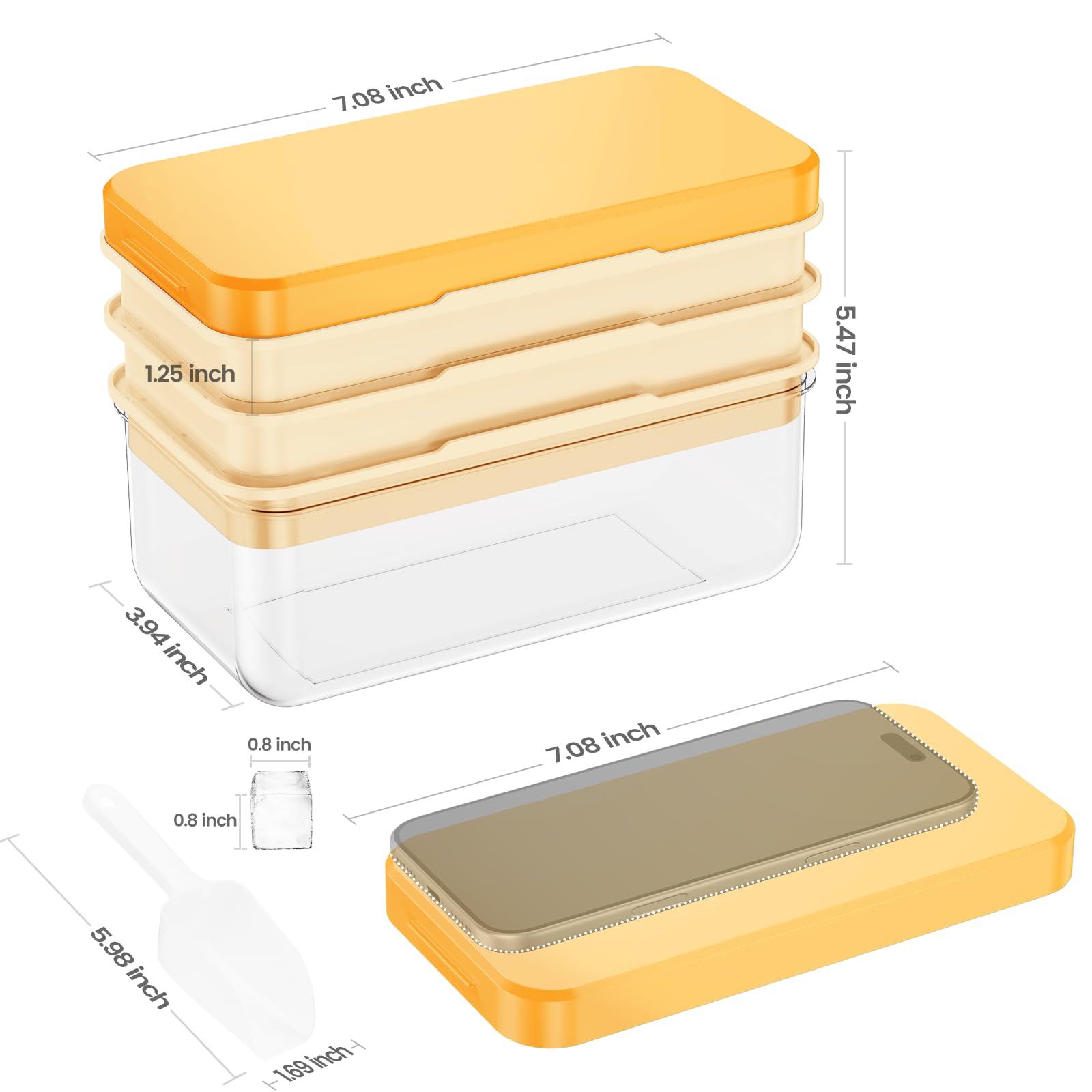 0.8“ Ice Cube Tray with Lid and Bin, PHINOX 84 Cubes Ice Trays for Freezer, Ice Cube Trays for Freezer with 3 trays, Container, Lid & Ice Scoop, BPA Free, Yellow(28Cubes/Tier)