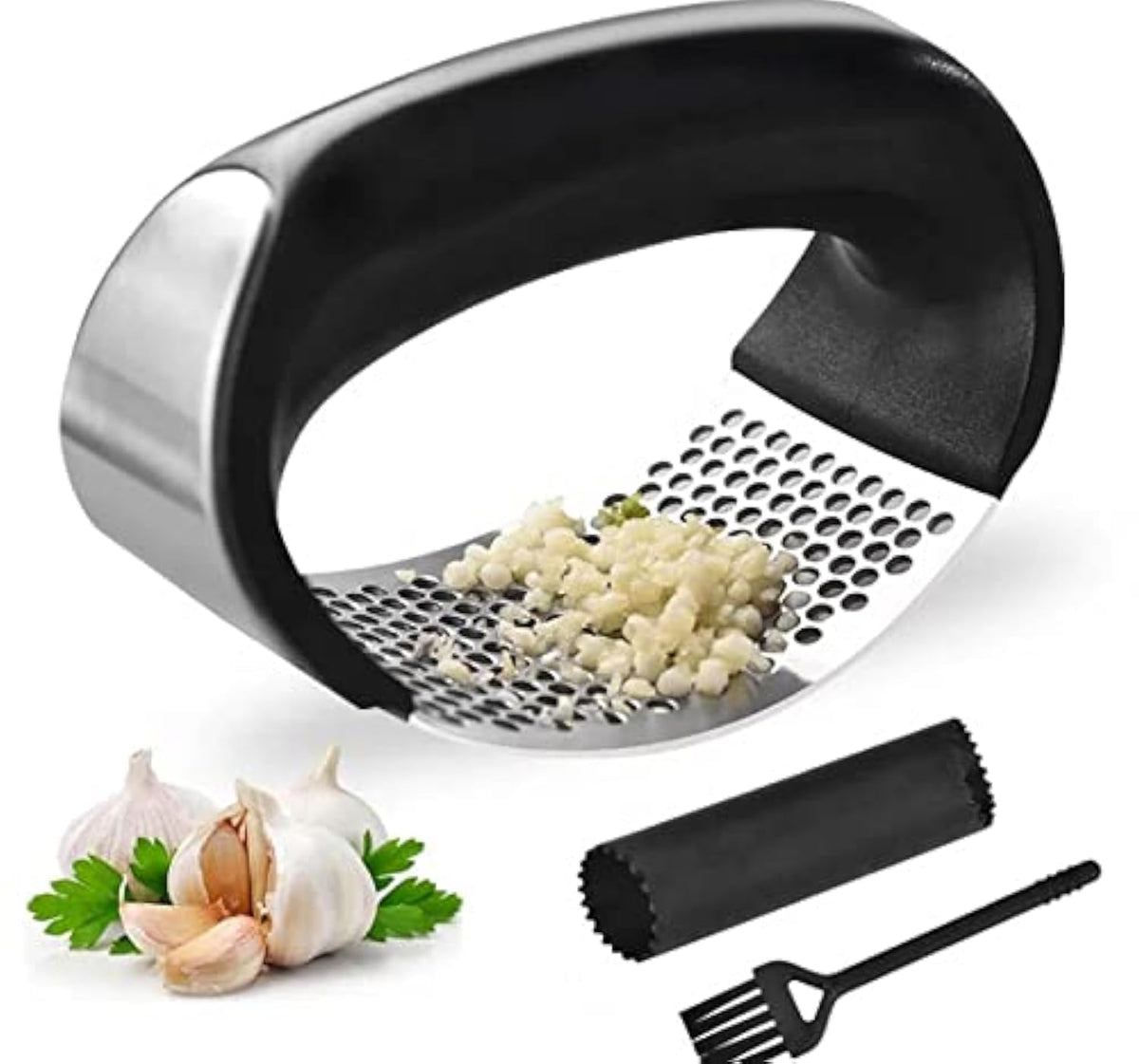 Angel's Peel Lounge Stainless Steel Garlic Press Rocker Set with Silicone Garlic Peeler & Cleaning Brush – Garlic Chopper, Mincer, Grater, Crusher – Easy for Crushed Cloves – Rust-Resistant, Green