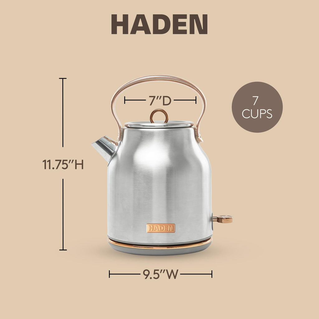 Haden Heritage 1.7 Liter Stainless Steel Electric Kettle, Hot Water Kettle with 360-Degree Base and Auto Shutoff, Steel & Copper