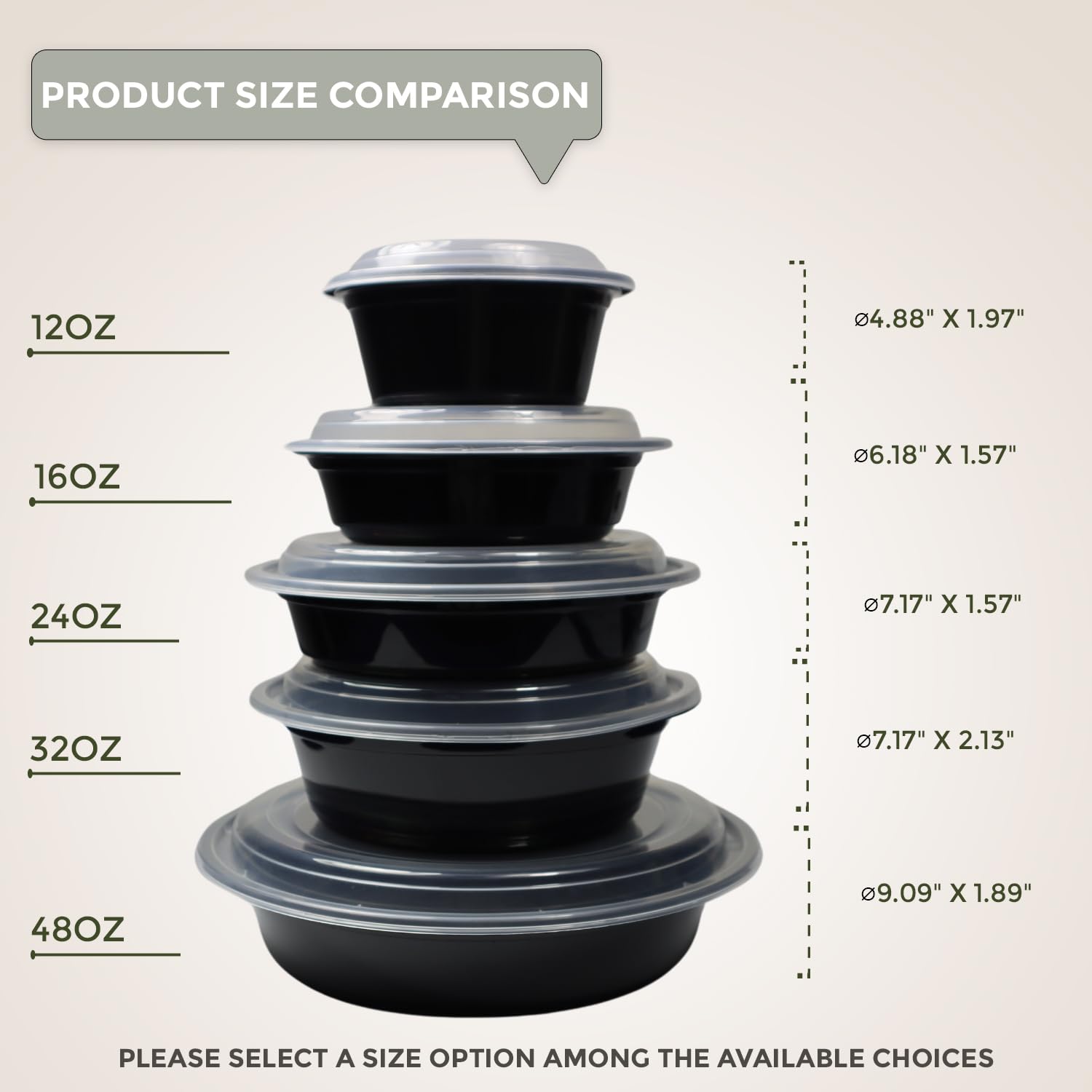 Klex 48 Oz, 150 Sets Meal Prep Containers with Airtight Lids, BPA Free, Reusable Plastic Food Container, 48 oz, Round, Black/Clear, 150 Sets
