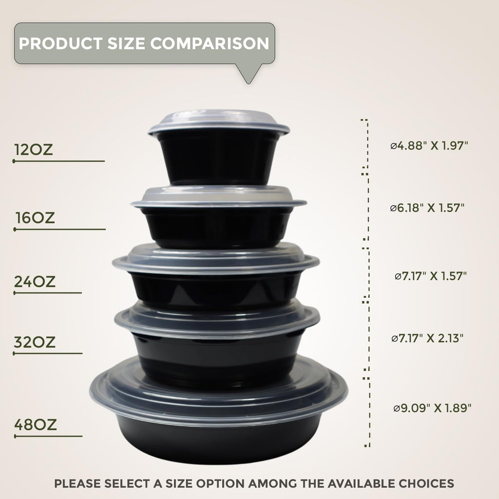 Klex 32 Oz, 150 Sets Meal Prep Containers with Airtight Lids, BPA Free, Reusable Plastic Food Container, 32 oz, Round, Black/Clear, 150 Sets