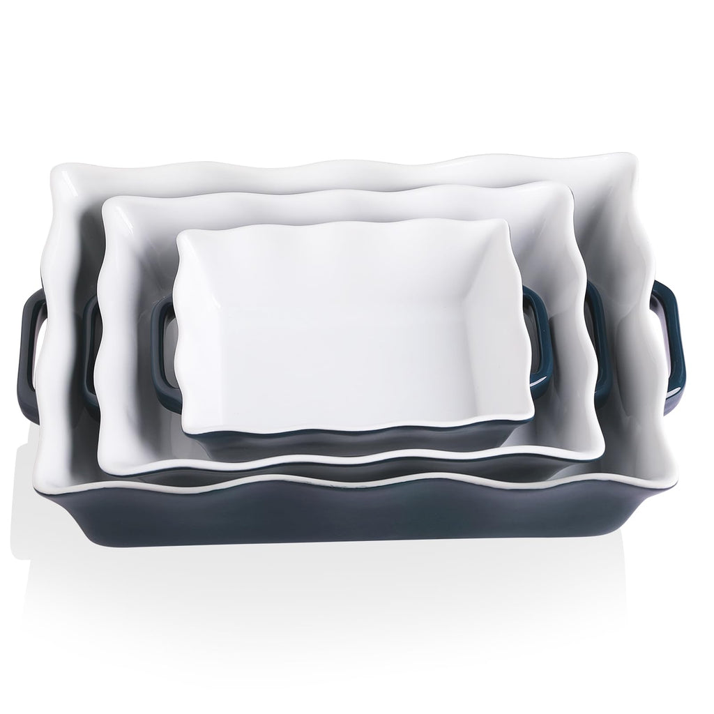 Sweejar Casserole Dishes for Oven, Ceramic Bakeware Set of 3, Rectangular Baking dish with Handles, Wave Edge Lasagna Pan Deep for Cooking, Cake, Dinner, Banquet and Daily Use (White)