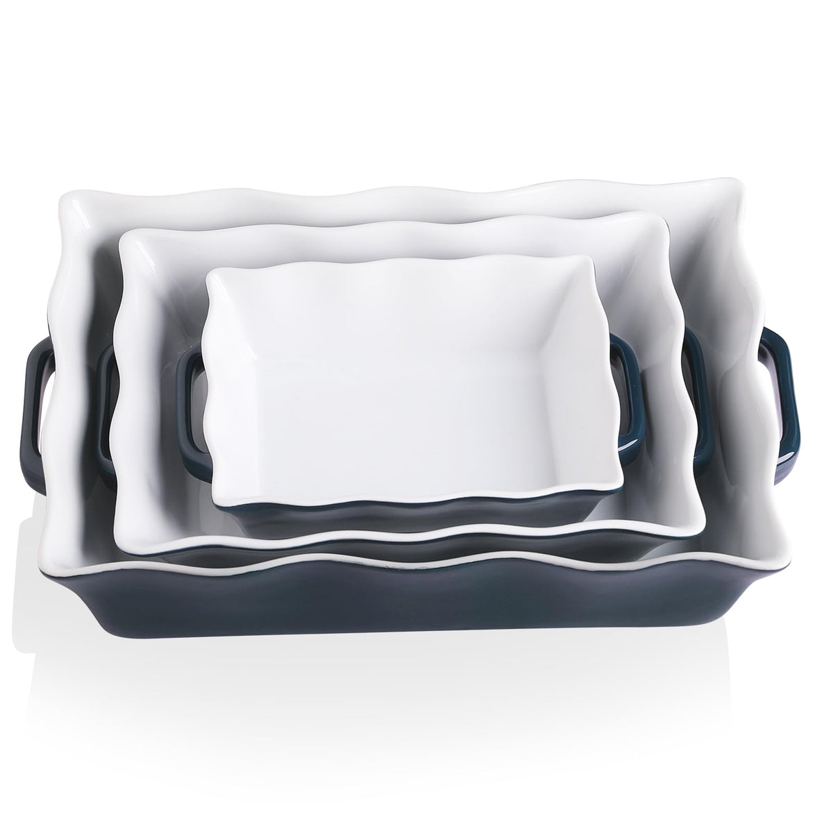 Sweejar Casserole Dishes for Oven, Ceramic Bakeware Set of 3, Rectangular Baking dish with Handles, Wave Edge Lasagna Pan Deep for Cooking, Cake, Dinner, Banquet and Daily Use (White)