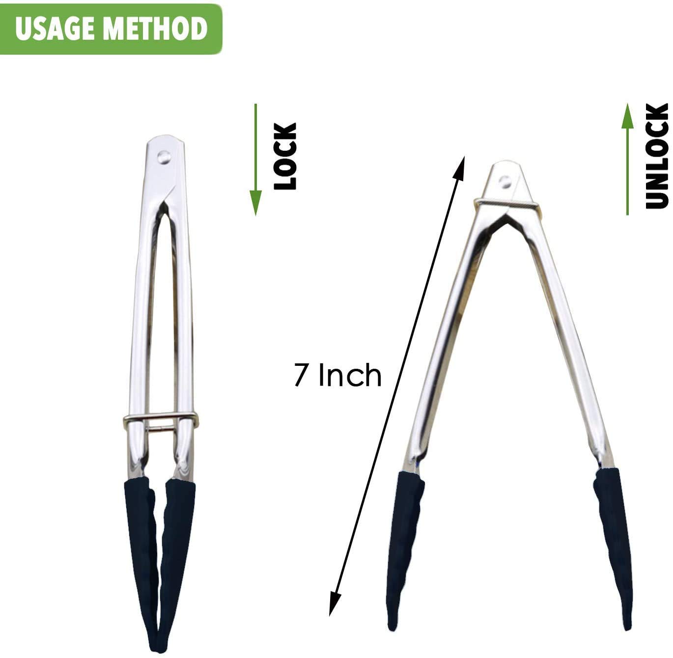 HINMAY Mini Tongs with Silicone Tips 7-Inch Kitchen Tongs, Set of 3 (Black)