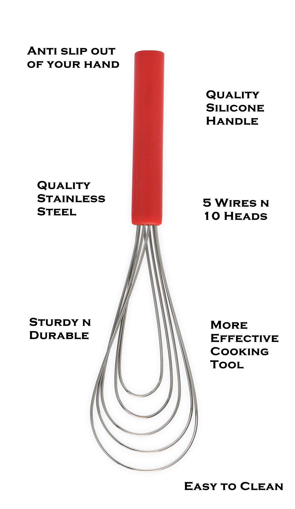 Flat Whisk Silicone Handle Non Slip 10" - 5 Wires Whisk with 10 Heads for Kitchen Cooking Color Red by Jell-Cell