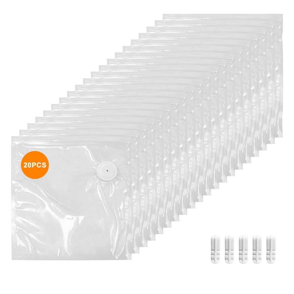 MEGAWISE Vacuum Zipper Bags 20Pcs (12 * 13.5in), BPA Free, Reusable Food Storage Bags with Air Valve for Sous Vide Cooking/Freezer/Microwave Heating, with 5 Seal Clips.