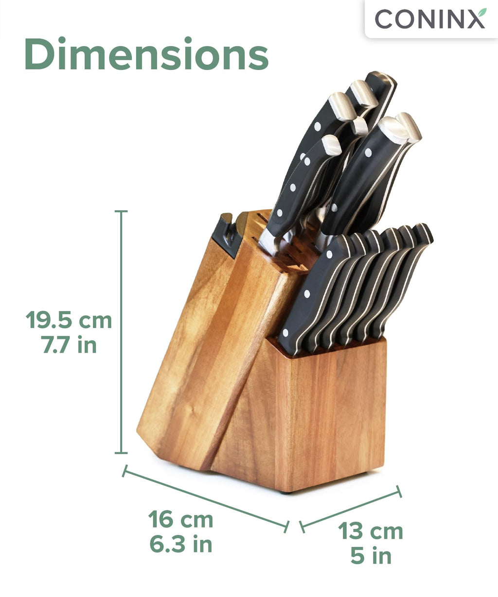 Coninx Knife Block with Built-In Sharpener – 15 Slot Acacia Wood Knife Holder for Kitchen Counter – Non-Slip Wooden Knife Organizer Stand for Chef & Bread Knives