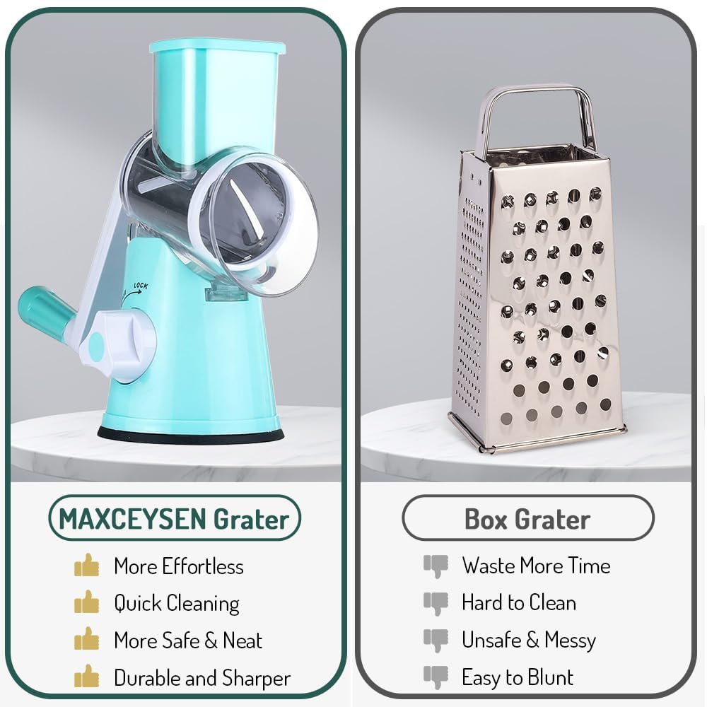 Maxceysen Rotary Cheese Grater with Handle Vegetable Shredder Round Kitchen Slicer Mandoline Grater for Vegetable, Nuts, Chocolate, Cheese, White, 3 Stainless Steel Blades