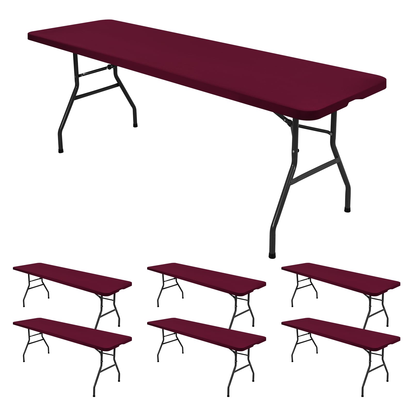 REWOMC 6 Pack Stretch Fabric Table Top Cap Cover, fits 8' Tables, Spandex Table Covers Washable Elastic Rectangle Tablecloth Protector for Indoor Outdoor Party Picnic Wedding, Wine Red, 30" W x 96" L