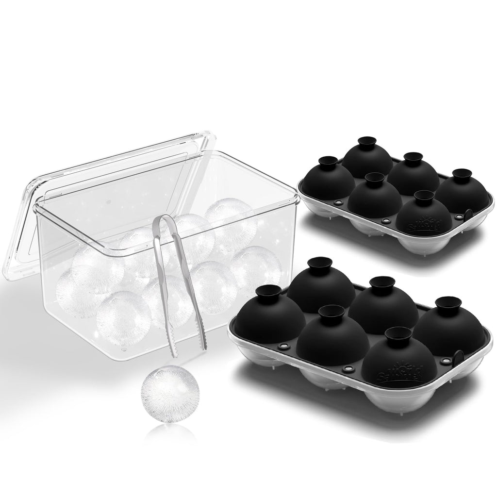 Samuelworld Large Ice Ball Mold with Lid and Bin, 2.5 Inch Ice Balls - Food Grade, Easy To Fill Round Silicone Ice Tray, Perfect Spheres Craft Ice Maker for Whiskey, Cocktails-Black (2 Pack)
