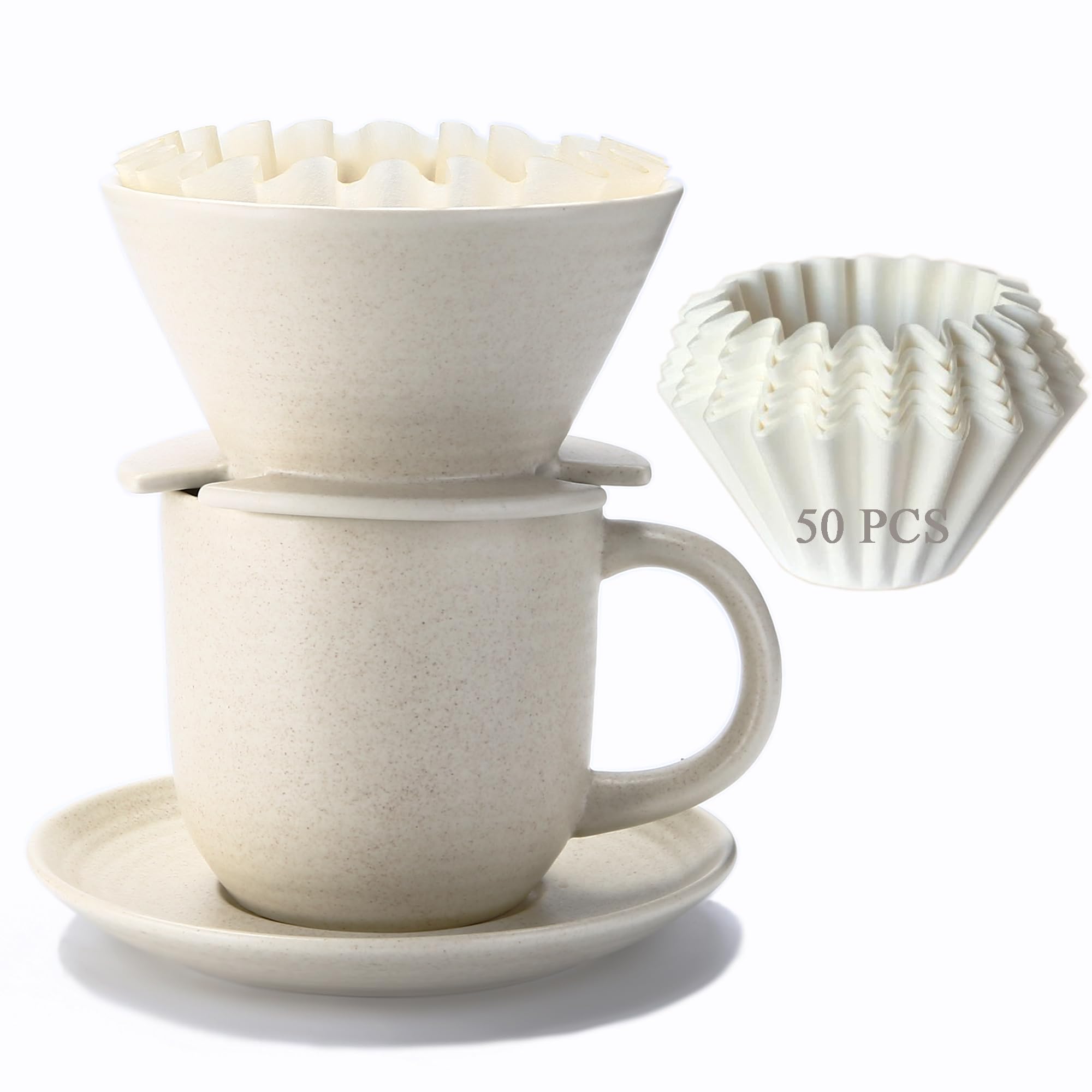 Polydremio Pour Over Coffee Maker, with 50 PCS Basket Coffee Filters, 310 ml/10 oz Mug with Saucer & Coffee Dripper, Ceramic, Off-white