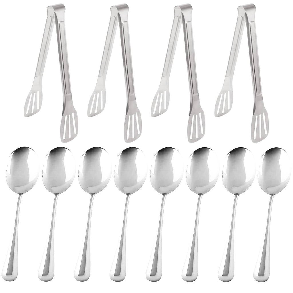 12PCS Stainless Steel Serving Utensils Sets,8 Large Serving Spoons,4 Serving Tongs,Silver Serving Utensills Sets for Buffet Catering Banquet Party (Silver)