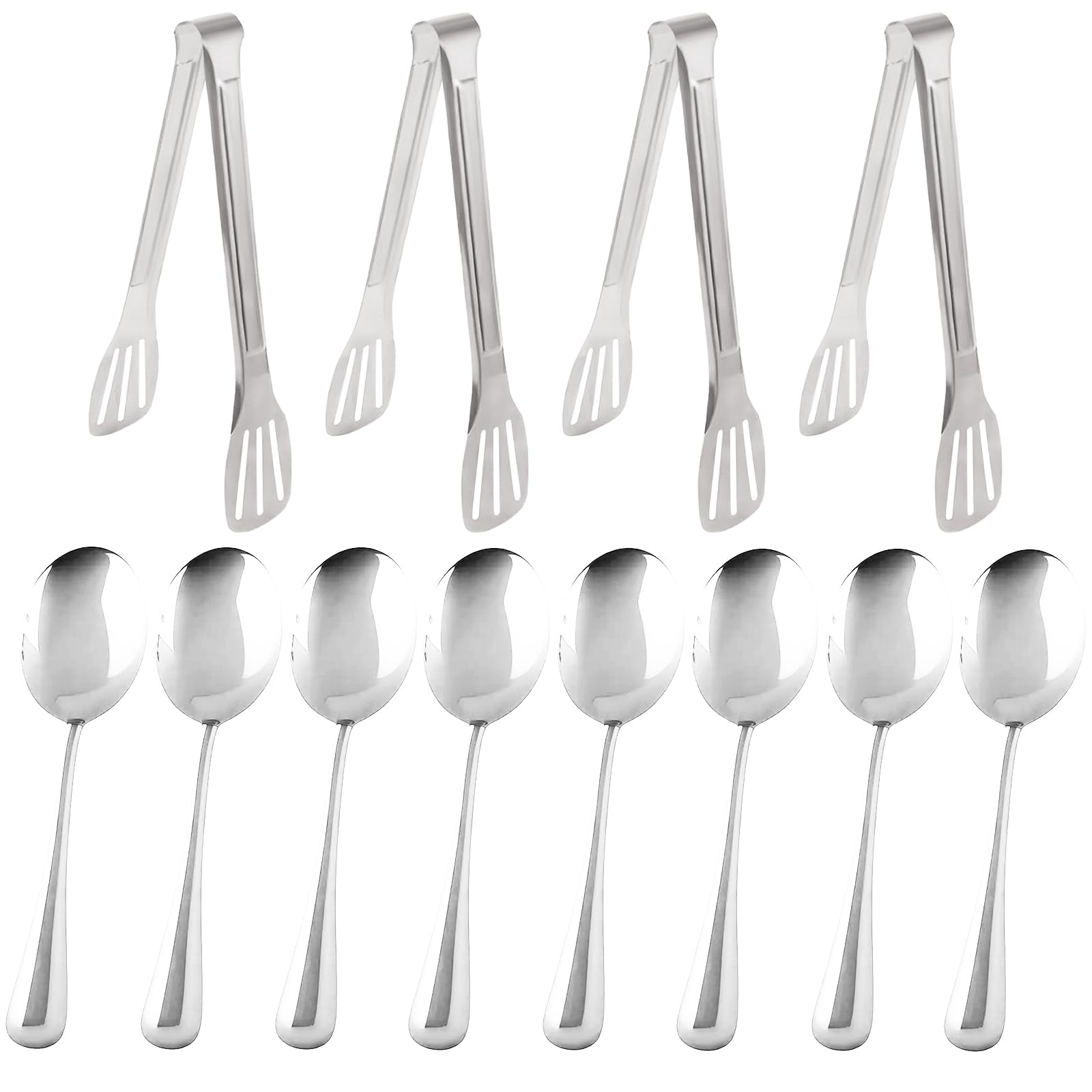 12PCS Stainless Steel Serving Utensils Sets,8 Large Serving Spoons,4 Serving Tongs,Silver Serving Utensills Sets for Buffet Catering Banquet Party (Silver)