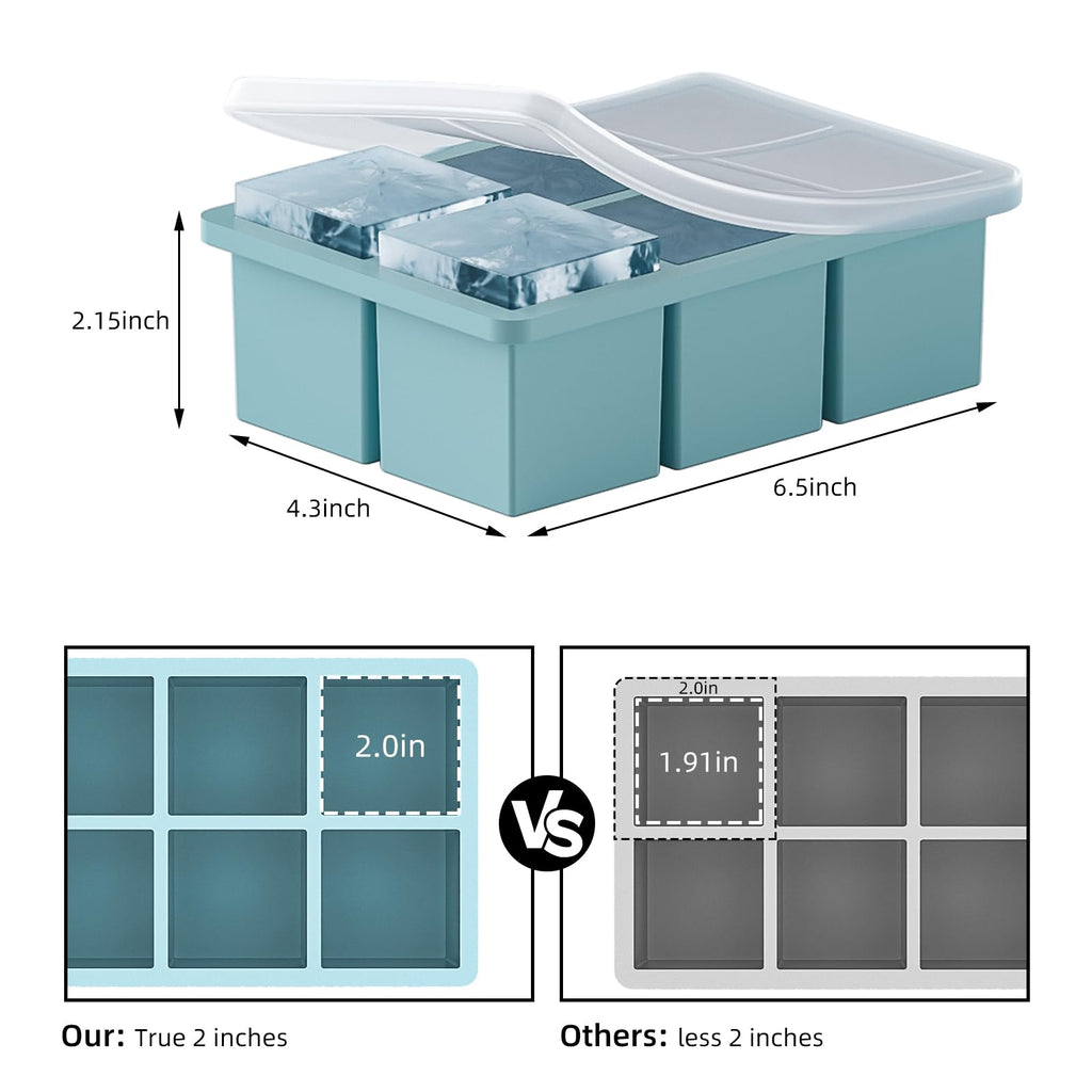 Large Ice Cube Tray for Whiskey 3 Pack, HANCELANT Big Silicone Square Ice Cube Mold with Removable Lid, 2'' Huge Square Ice Cubed Tray for Whisky and Cocktail(Blue+Green+Pink)