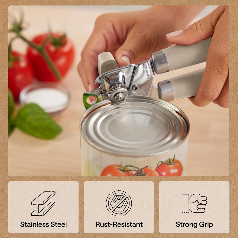 GORILLA GRIP Original Model Stainless Steel Smooth Edge Manual Can Opener and Bottle Openers, US Designed, Comfortable Handle, Oversized Handheld Turn Knob, Multifunctional Kitchen Tool, Almond