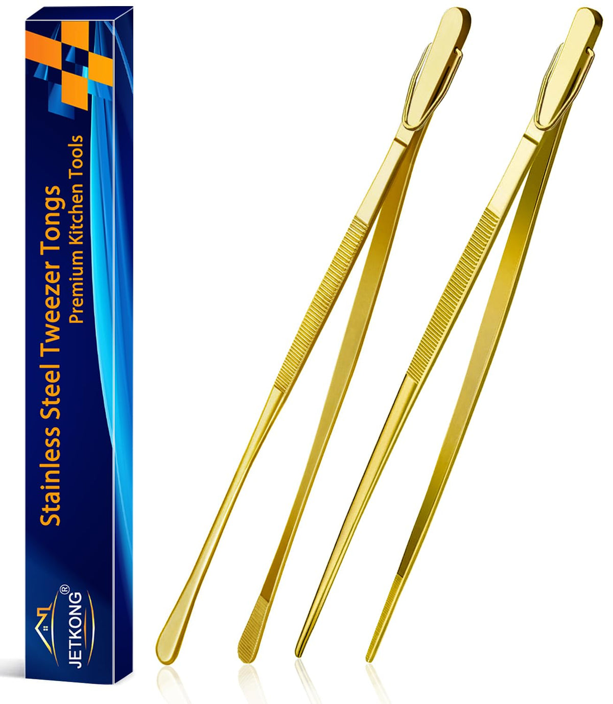 JETKONG 2 Pcs 12-Inch Cooking Tweezer Tongs Stainless Steel Kitchen Tweezers Plating Tongs (Navy Blue)