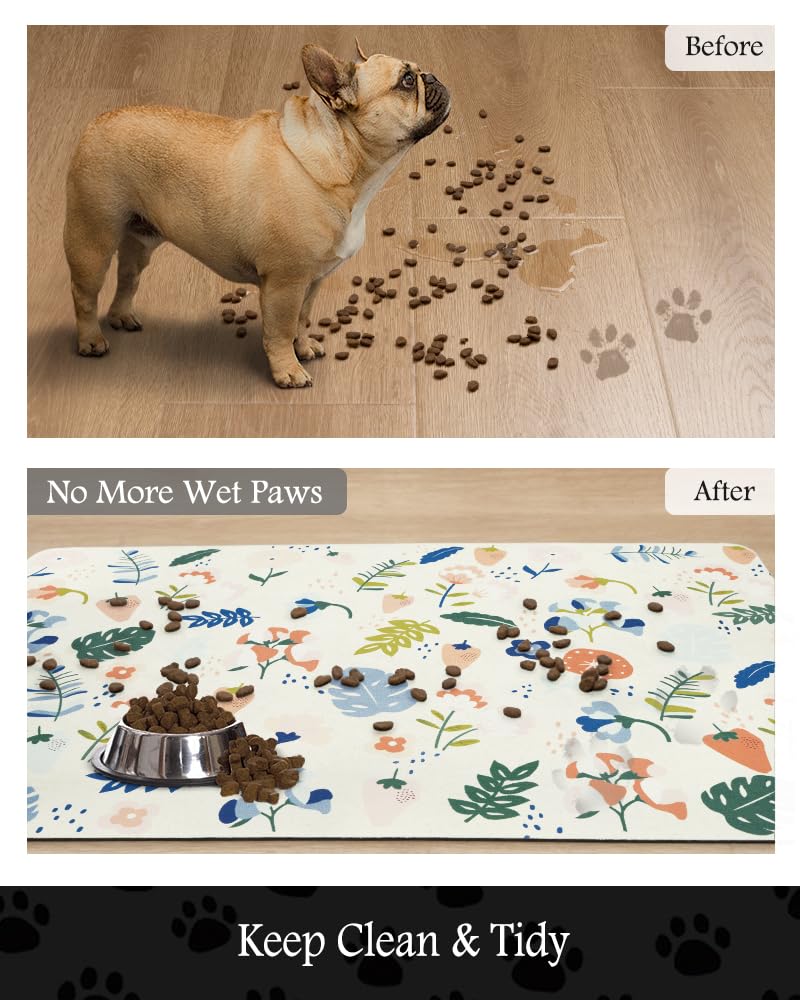 Pet Feeding Mat-Absorbent Dog Mat for Food and Water Bowl-No Stains Quick Dry Water Dispenser Mat-Dog Accessories Pet Supplies-Bowl for Messy Drinkers（LIGHTFLOWERS,16"x24"