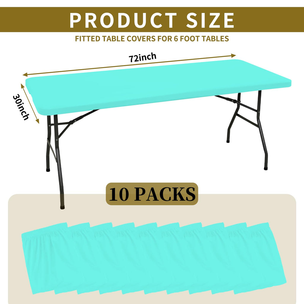 10 Pack Fitted Tablecloth for 6 Foot Rectangle Tables, Aqua Blue Elastic Outdoor Picnic Table Cover, Washable Stretch Folding Table Cloths 6 ft for Camping Party Patio Kitchen Banquet, 30" W x 72" L
