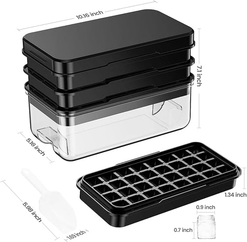 0.8“ Ice Cube Tray with Lid and Bin, PHINOX 84 Cubes Ice Trays for Freezer, Ice Cube Trays for Freezer with 3 trays, Container, Lid & Ice Scoop, BPA Free, Black(28Cubes/Tier)