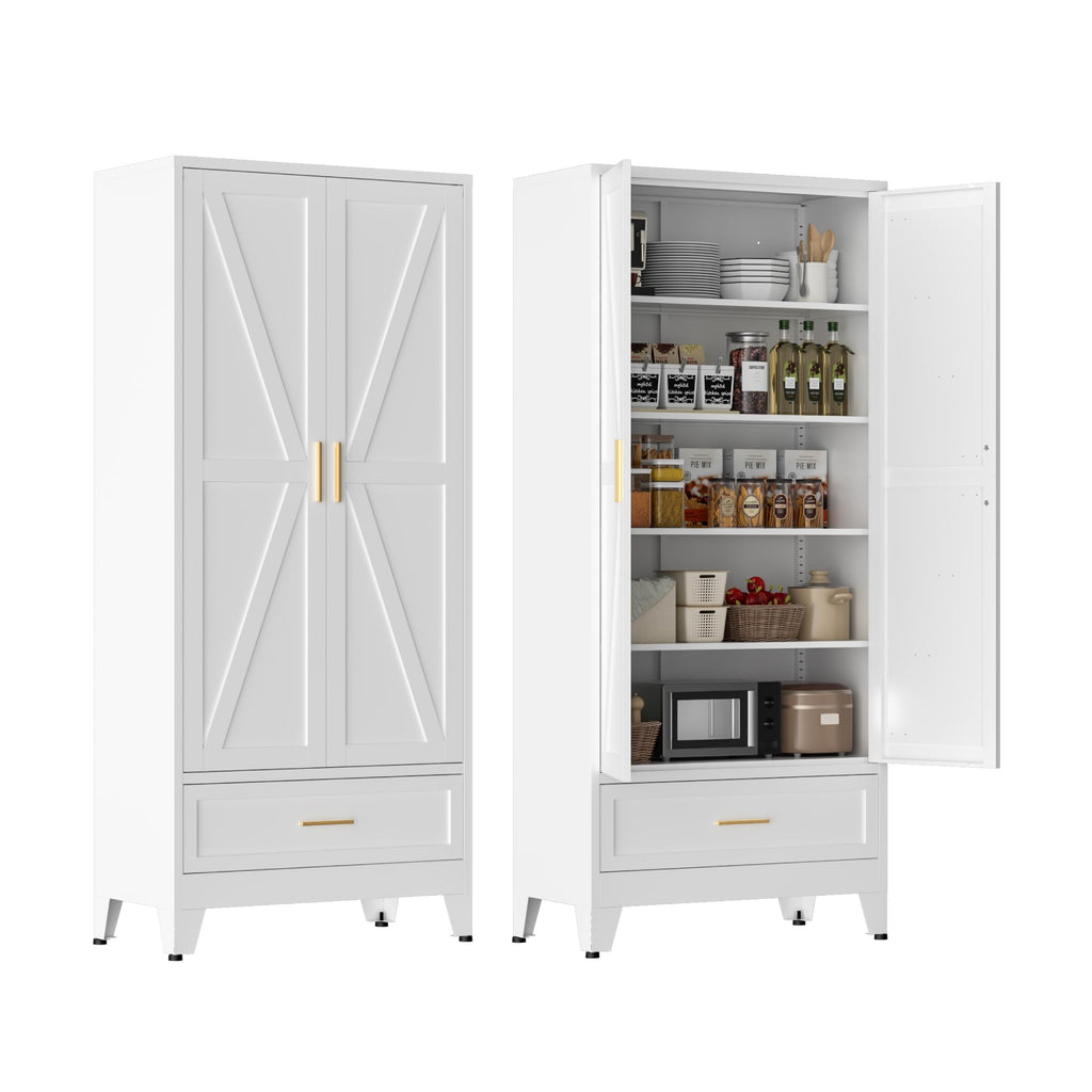 LCAOPC 71" Tall Pantry Storage Cabinet with Drawer and Adjustable Shelves, Freestanding Tall Kitchen Cupboard Storage Cabinet for Kitchen,Dining Room, Living Room, White