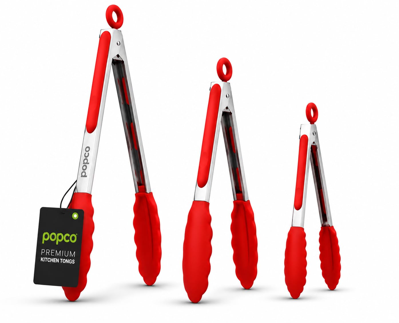 Popco 3-Piece Kitchen Tongs Set – Stainless Steel Heat Resistant Silicone Tips, Strong Comfort Grip, 3 Sizes (7, 9, 12 Inch), Non-Scratch, Dishwasher Safe, For Cooking, BBQ, Salad