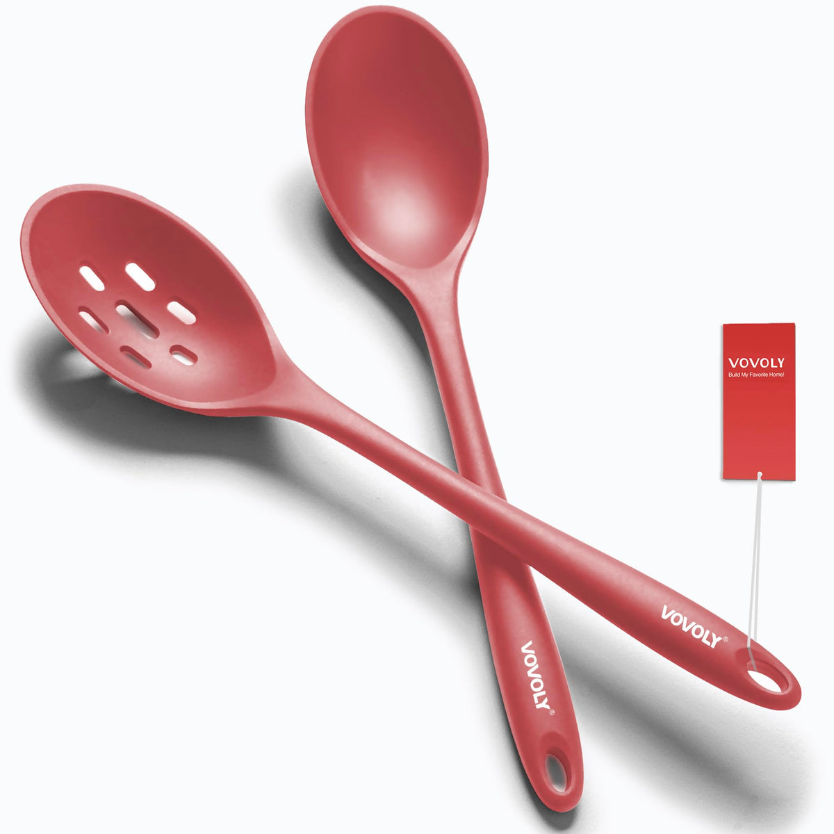 Vovoly Silicone Spoons for Cooking - Extra Large Solid & Slotted Set, Red