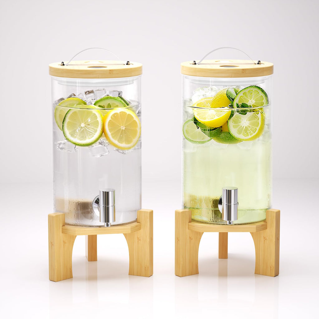 VOVUVK 1 Gallon Glass Drink Dispenser For Parties, Beverage Dispenser With Bamboo Wood Stand And Stainless Steel Spigot, Countertop Water Dispenser, Lemonade Dispenser For Wedding, Picnic (2PACK)
