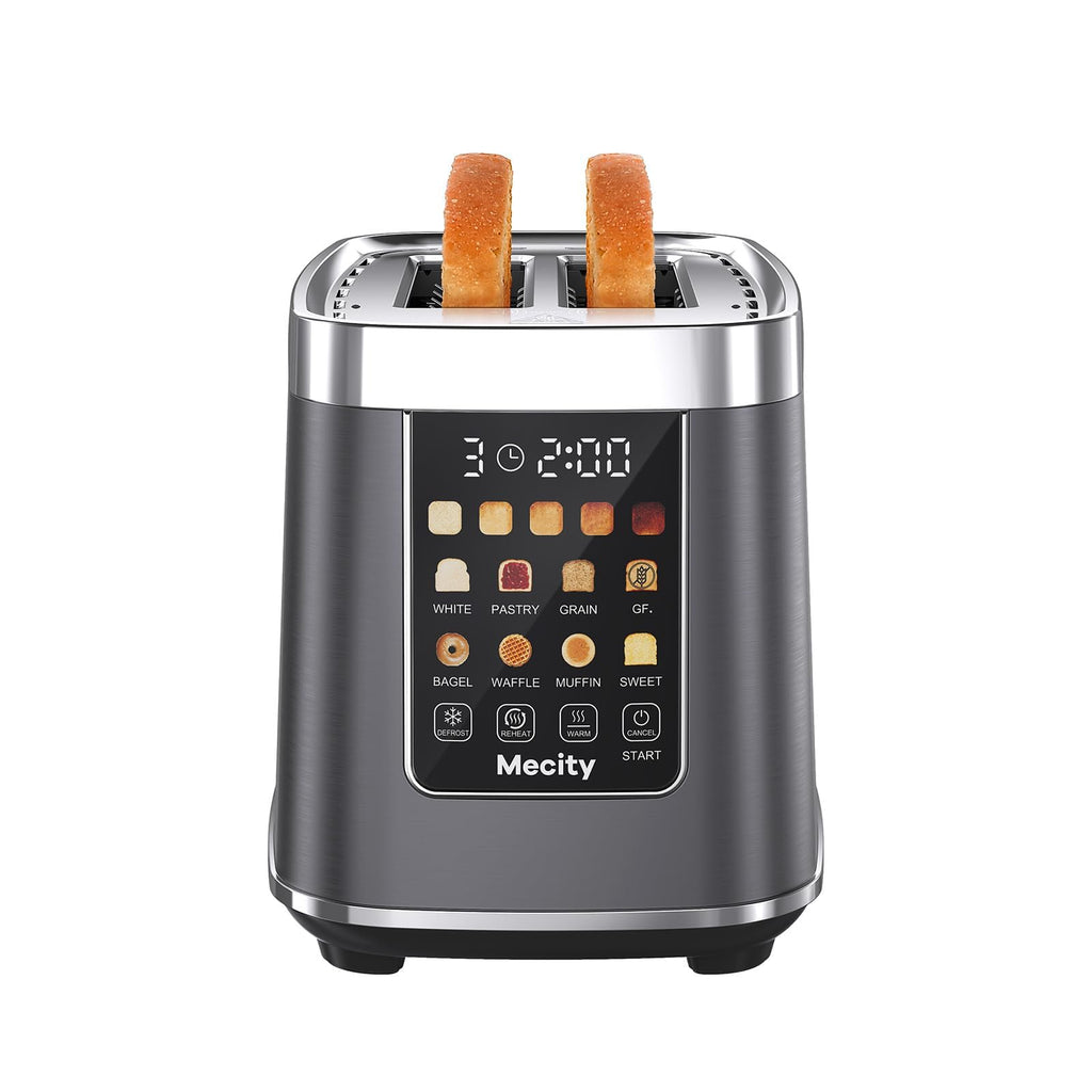 Mecity Motorized Toaster 2 Slice with Touch Screen, Stainless Steel Smart Toaster, 8 Bread Types, 5 Shade Levels, 1200W High Power, Keep Warm Mode, Reheat Defrost Functions, 120V