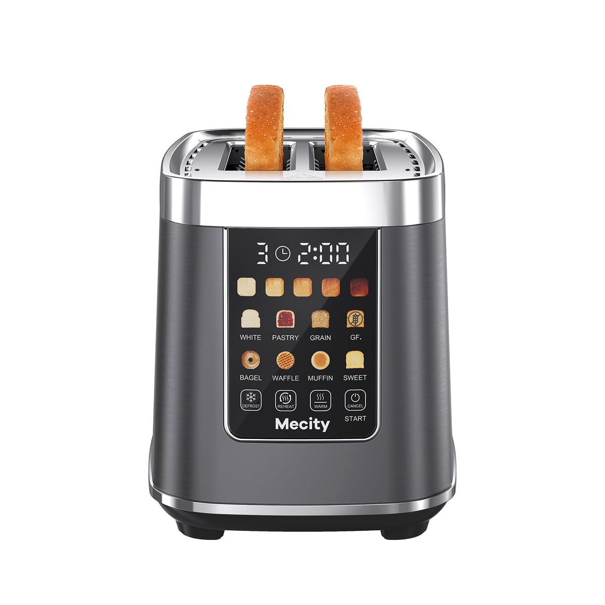 Mecity Motorized Toaster 2 Slice with Touch Screen, Stainless Steel Smart Toaster, 8 Bread Types, 5 Shade Levels, 1200W High Power, Keep Warm Mode, Reheat Defrost Functions, 120V
