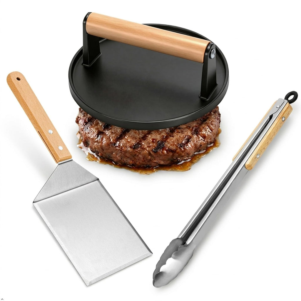 Eoufore 2 lb 7 Inch Cast Iron Burger Press Kit with Wide Spatula