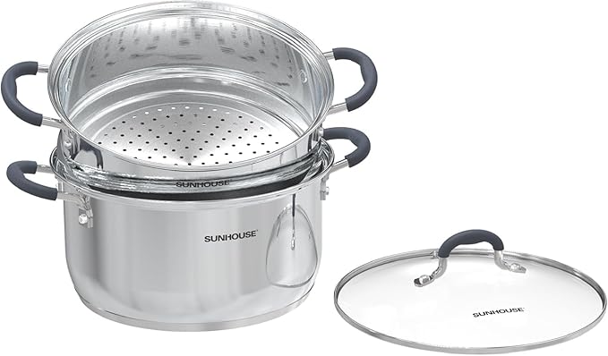 Sunhouse: 2-Tier Stainless Steel Steamer Pots - 5.5 Quart - Tempered Glass Lid, 3-Ply Bottom, Vegetable-Dumpling-Food Cookware, Dishwasher & Oven Safe
