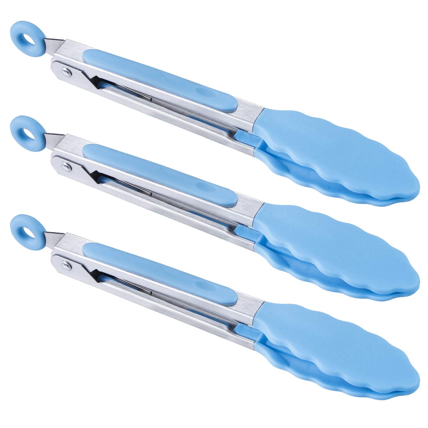 MSY BIGSUNNY Kitchen Food Tongs - 7" Mini Silicone Serving Tongs - Set of 3 (Blue)