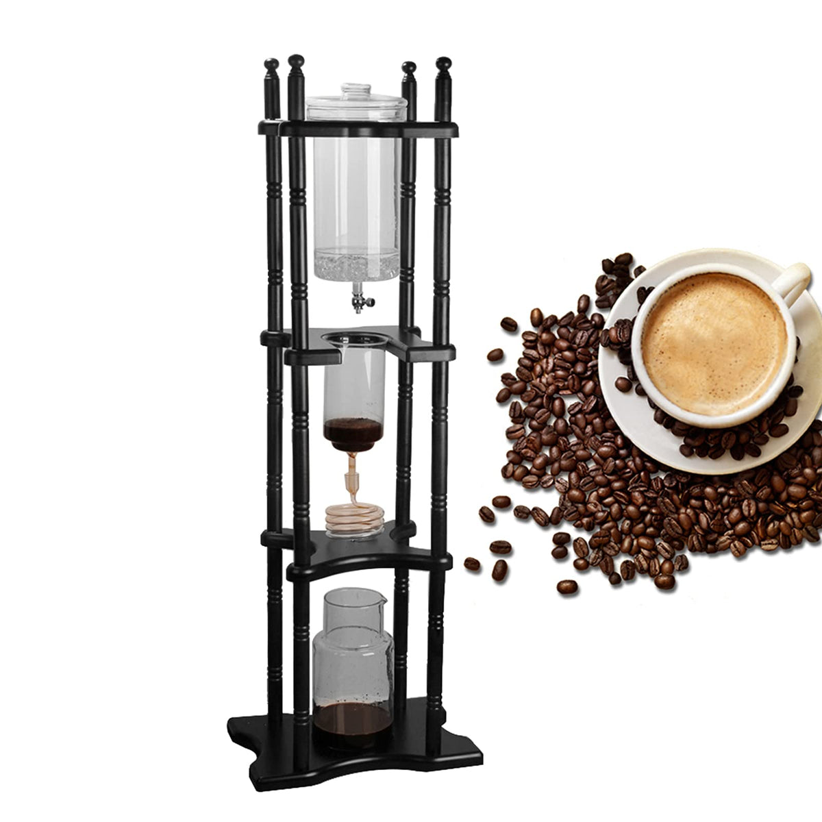 Uphilltool Cold Brew Drip Coffee Maker, 600ml/20.29 Ice Coffee Brewer Machine Cold-Drip Coffee Tower with Glass Container Wood Stand for Home Office