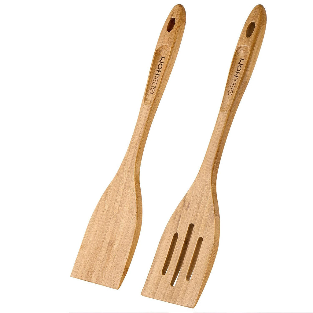 GEEKHOM Slotted Wooden Spurtle Bamboo Turners: 13 Inch Long Handle for Sourdough Starter, Mixing Reaching Jar Bottom, Nonstick Cookware 2 Pack