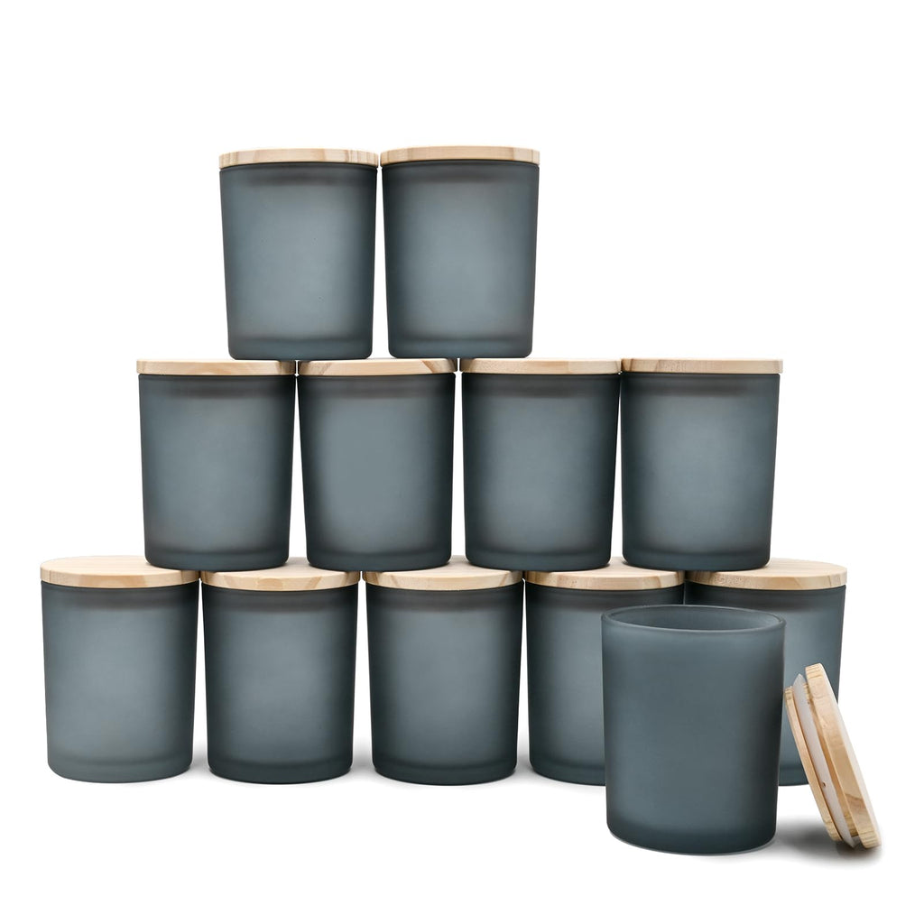 SHOWIN Thick Candle Jars for Making Candles 12 Pcs, 7 OZ Empty Jars with Wood Lids for Candle Making, Sample Container, Clear