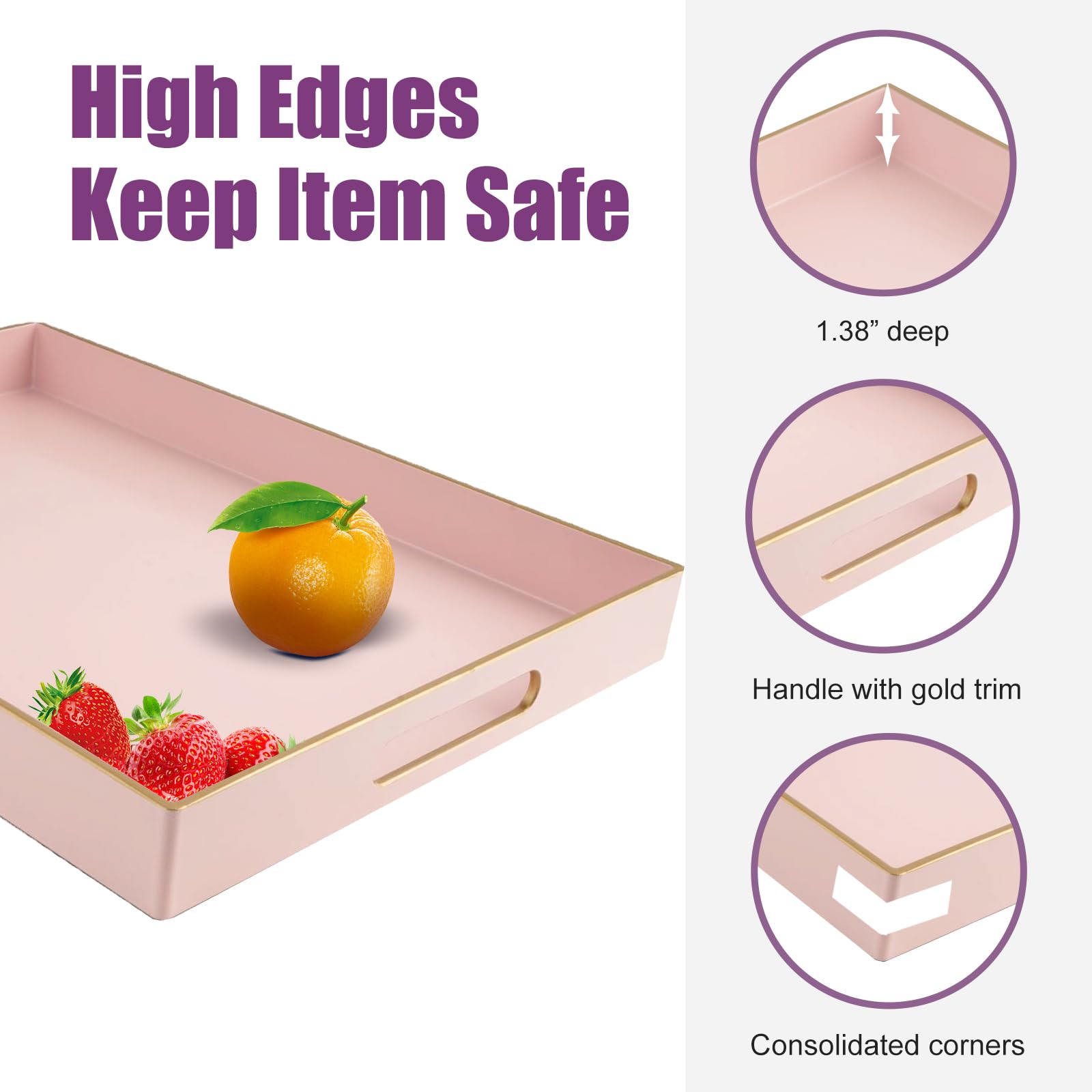 Gifturbo Pink Large Serving Tray with Handles，Rectangular Plastic Elegant Decorative Coffee Table Tray for Ottoman, Living Room, Bathroom, Home Decor, Vanity Trays with Gold Trimming, 15.7” x 11.8”
