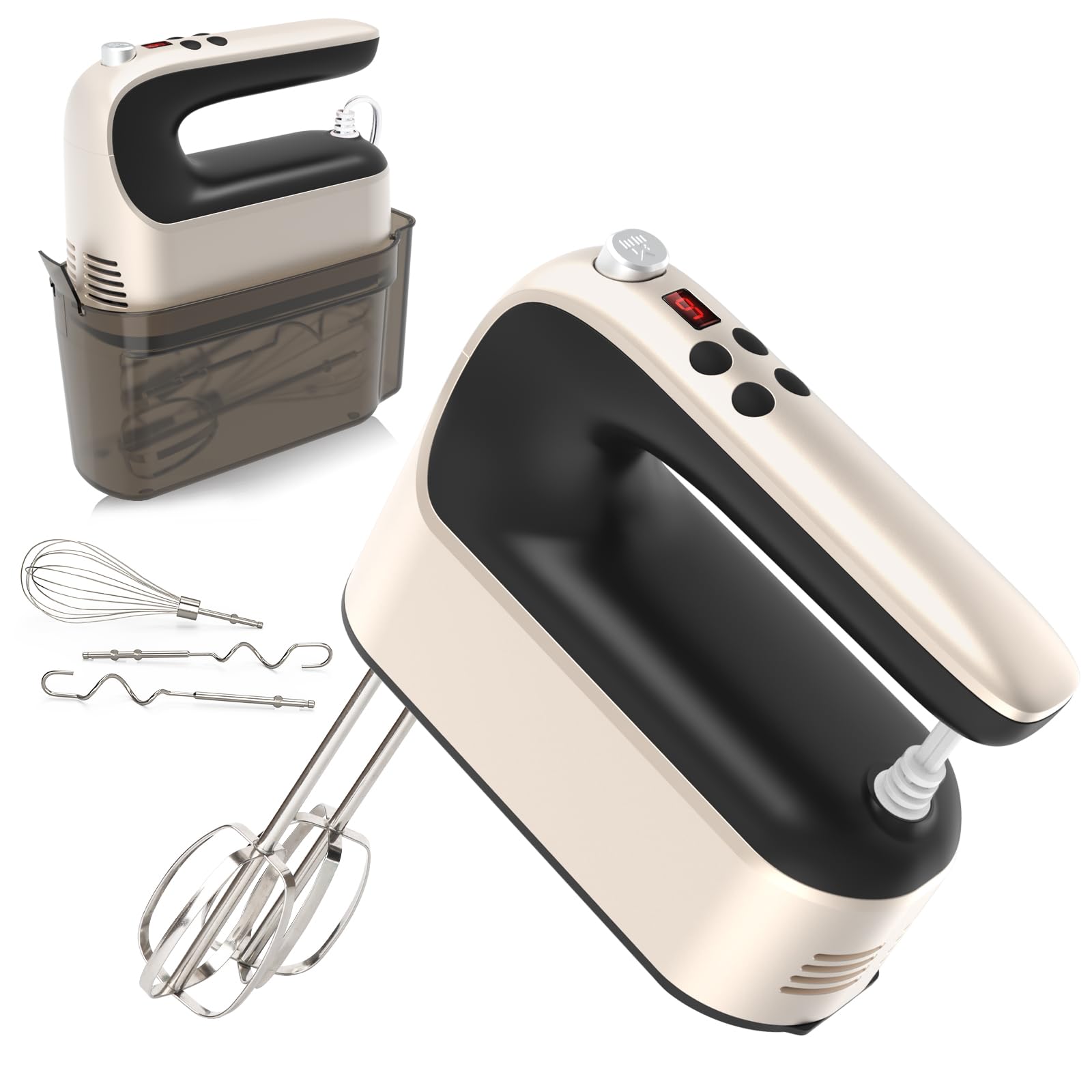 Yomelo 9-Speed Digital Hand Mixer Electric, 400W Powerful DC Motor, Hand Mixer Electric Handheld with Snap-On Storage Case, 5 Stainless Steel Accessories, Beaters, Dough Hooks, Whisk(Champagne Gold)
