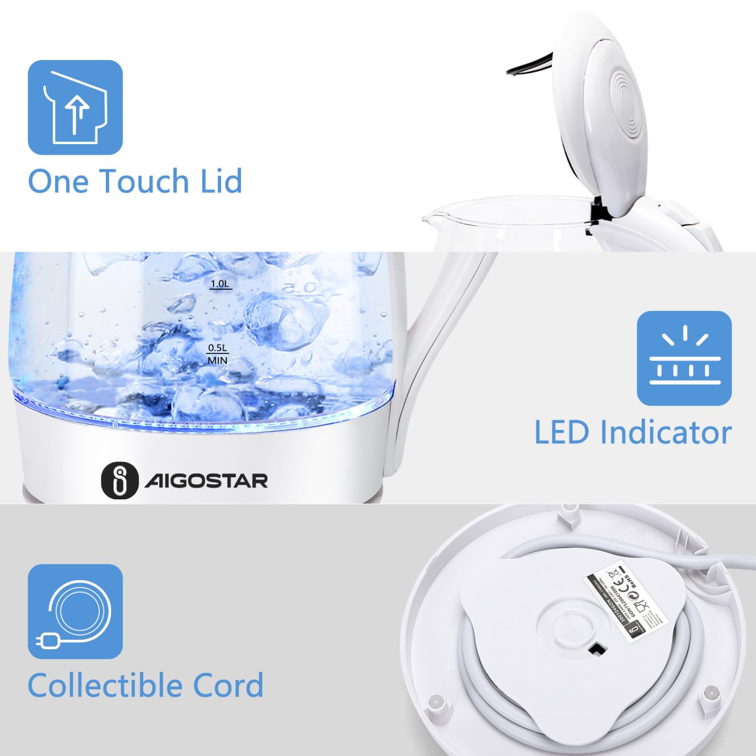 Aigostar Electric Kettle, 1500W Glass Electric Tea Kettle Rapid Heating, Borosilicate Glass, Auto Shutoff and Boil-Dry Protection, Hot Water Boiler BPA Free and Cordless with LED Indicator, 1.7 Liter