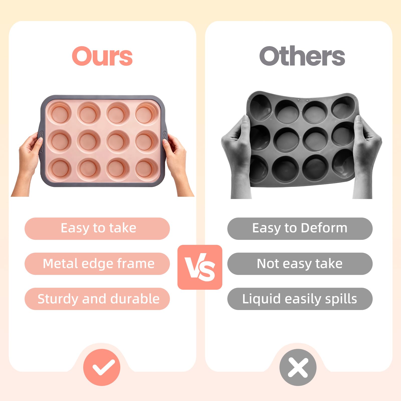 BHNJUTM 12-Cup Silicone Muffin Pan for Baking - Premium Nonstick Muffin Tin with Metal Reinforced Frame, Easy to Clean Silicone Cupcake Molds, Dishwasher & Oven Safe BPA Free (one pink)