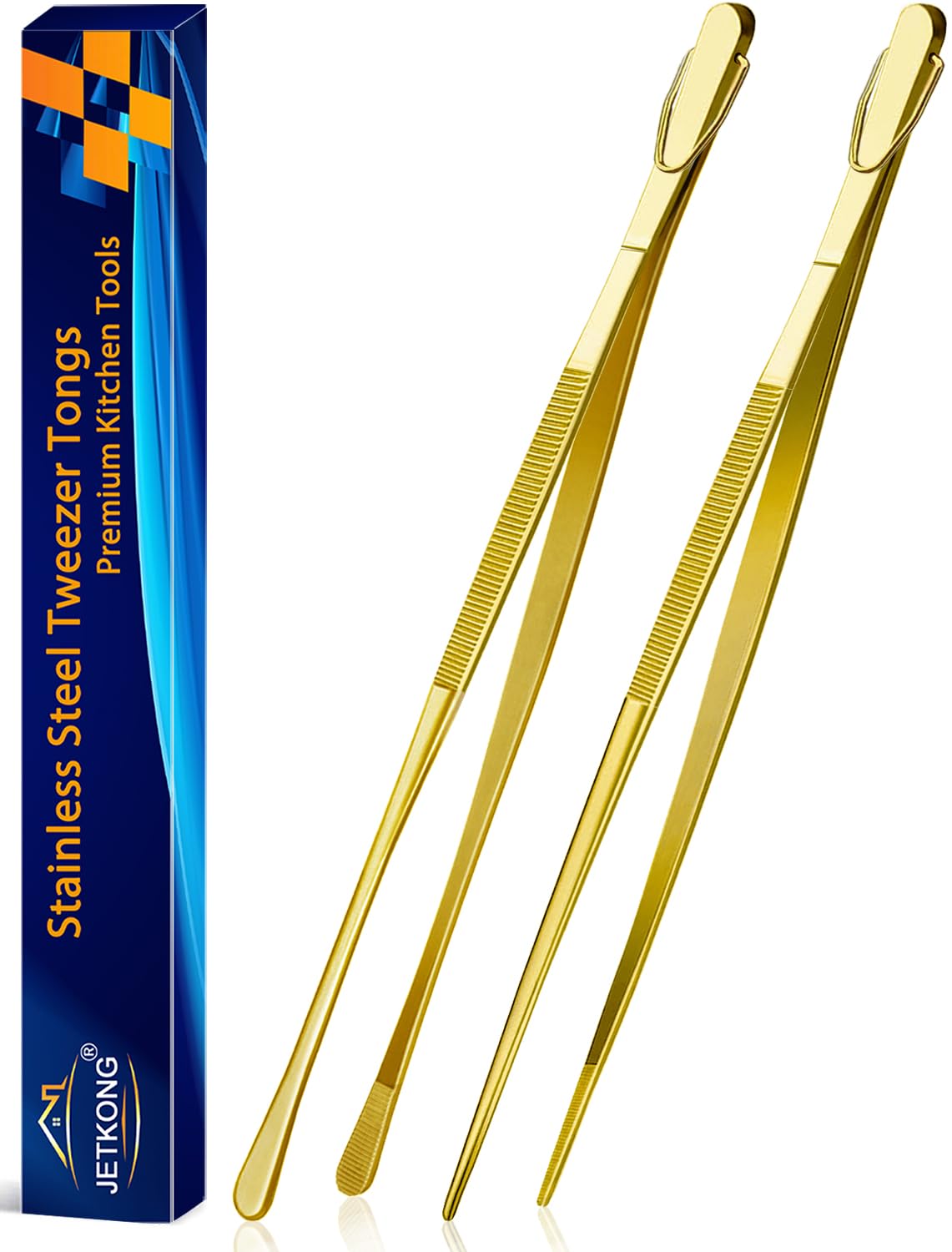 JETKONG 2 Pcs 12-Inch Cooking Tweezer Tongs Stainless Steel Kitchen Tweezers Plating Tongs (Navy Blue)