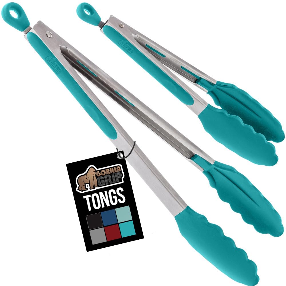 GORILLA GRIP Stainless Steel Kitchen Tongs for Cooking, 2 PK, Turquoise